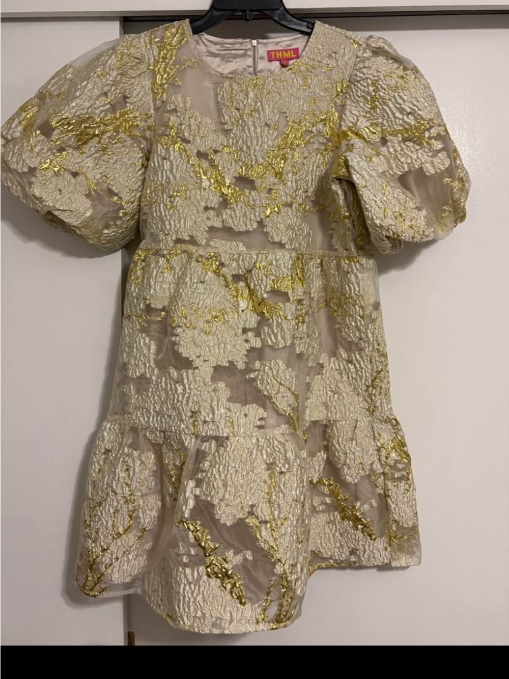 THML Cream Dress with Gold Metallic Floral Puff Sleeves